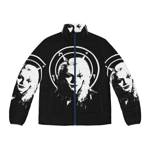 Satanic puffer jacket with occult and Church of Satan imagery