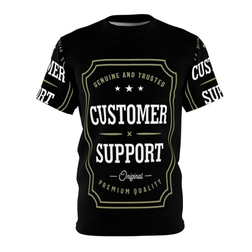 Closeup of a customer support t-shirt with a helpful, friendly design