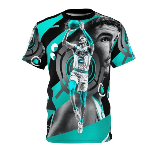 Lamelo Ball-inspired basketball art t-shirt featuring a dynamic, colorful illustration of the NBA player