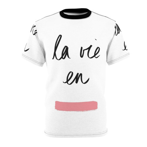 Artistic graphic t-shirt with pink rose and cursive text depicting French music lyrics