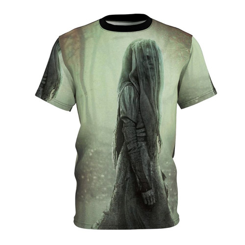 Model wearing a t-shirt with a La Llorona Halloween design, featuring a ghostly figure in a haunted forest setting.