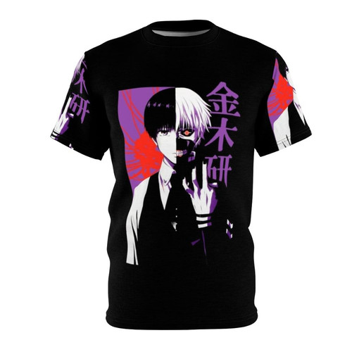 Model wearing a split face classic anime-style graphic tee