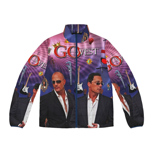 A person wearing the Go West Puffer Jacket, designed with the band's logo and imagery