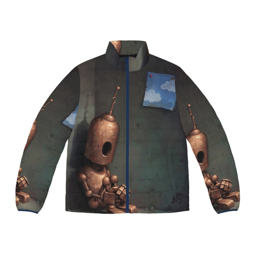 A puffer jacket with a robotic, rusty aesthetic and a cloudy, emotional backdrop