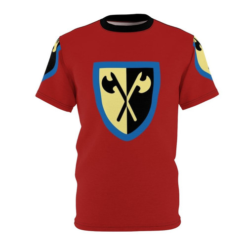 Retro-inspired t-shirt featuring crossed axes and crusader shield design
