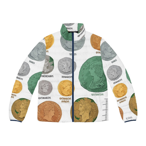 Puffer jacket featuring a design of ancient Roman imperial coins