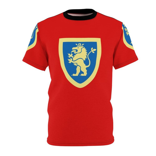 Crusader-inspired t-shirt with lego-style knight crest design