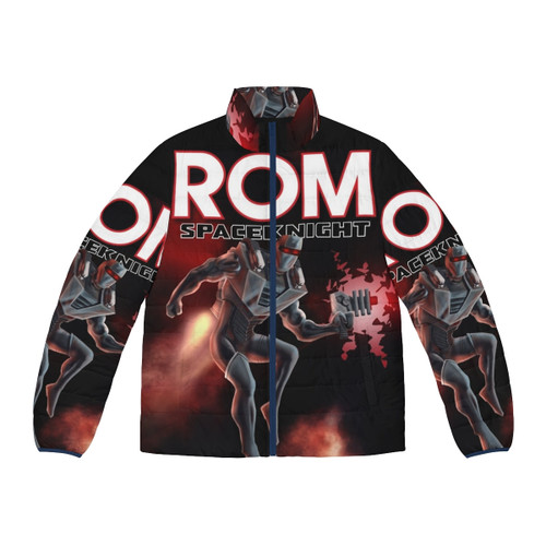 Rom Spaceknight puffer jacket featuring retro 80s Marvel superhero robot cyborg design