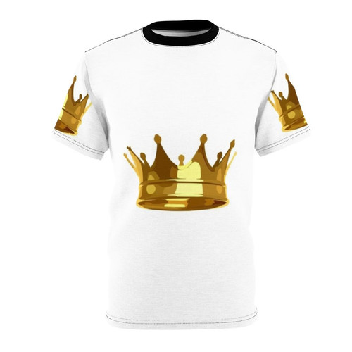 Model wearing a t-shirt with a stylish crown design in gold tones