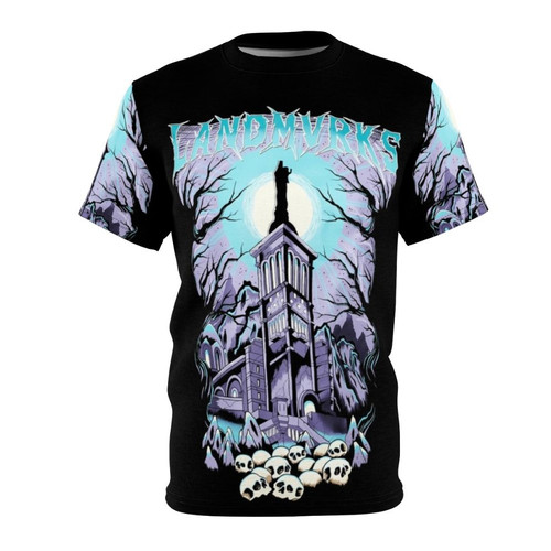 A high-quality T-shirt featuring a dark, spooky castle surrounded by a stormy night sky and a prominent skull design, perfect for fans of heavy metal and fantasy aesthetics.