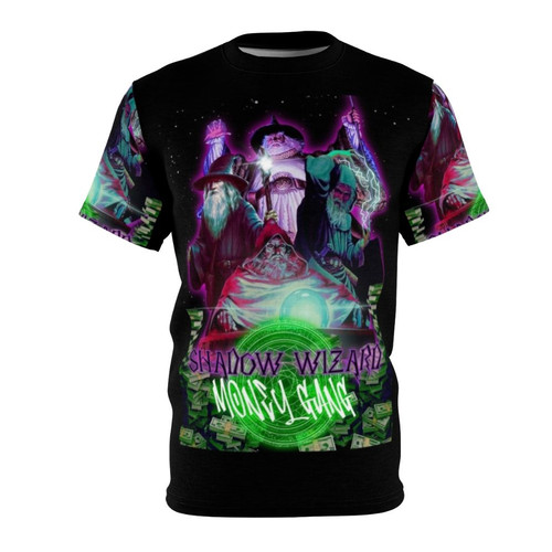 A high-quality t-shirt featuring a bold shadow wizard money gang graphic design.