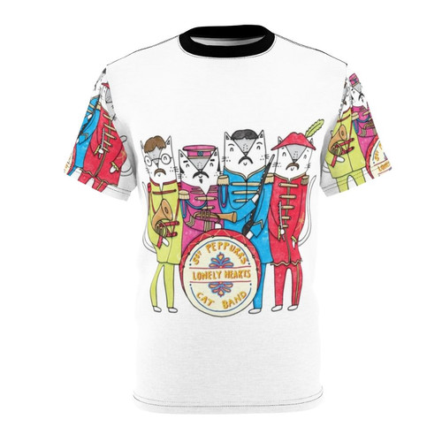 Sgt. Peppurr's Lonely Hearts Cats Band cat pun t-shirt featuring a playful take on the Beatles' iconic album cover.