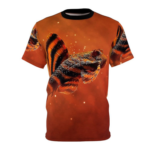 Photo of a tiger-patterned pleco fish printed on a t-shirt