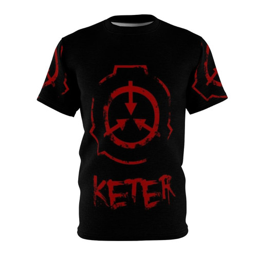 Stylized graphic t-shirt design featuring the Keter-class containment symbol and text related to the SCP Foundation