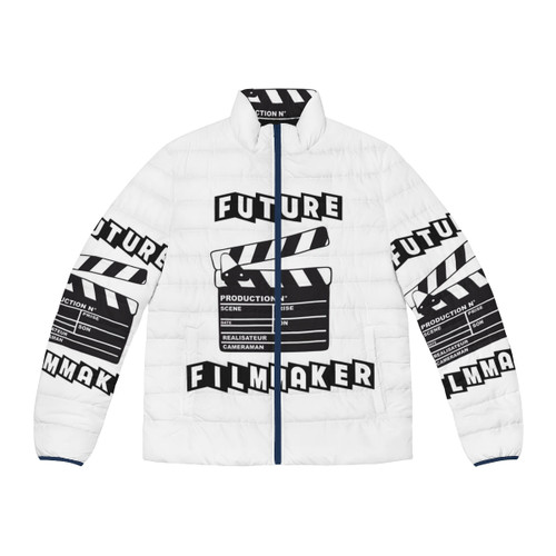 A puffer jacket perfect for filmmakers, featuring a focus on film, movie, and cinema-related imagery.