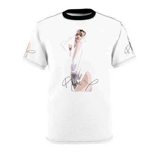 Kylie Minogue inspired all-over print t-shirt featuring the singer's iconic image and music references.