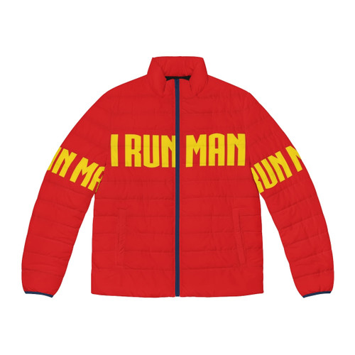 Funny superhero runner in an Iron Man puffer jacket