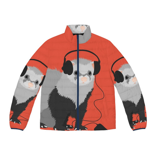 Funny musical ferret wearing a puffer jacket with headphones