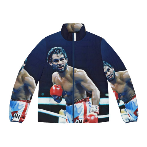 Roberto Duran wearing a puffer jacket with "Hands of Stone" branding