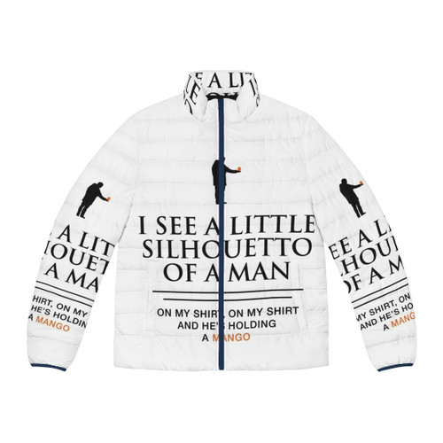 Mango puffer jacket with silhouette and fandango parody design