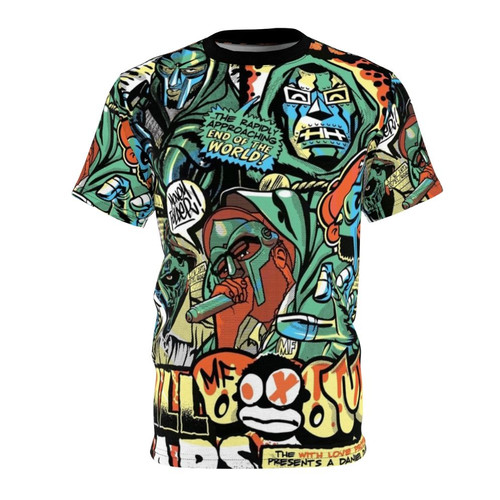 A stylish t-shirt featuring a minimalist MF DOOM inspired cover art design