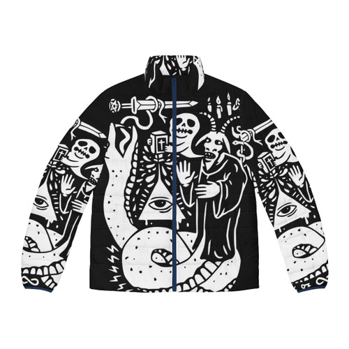 Yo Cult Occult Puffer Jacket with skull, snake, and all-seeing eye symbols