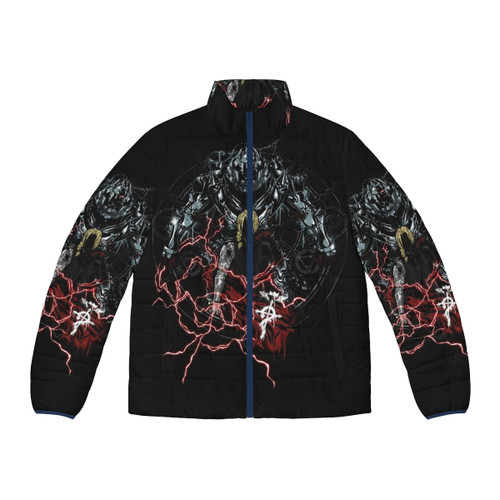 Fullmetal Alchemist inspired puffer jacket with graffiti-style graphics