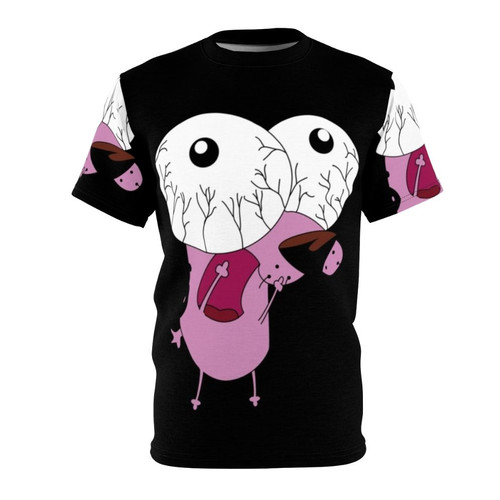 Courage the Cowardly Dog AOP T-shirt featuring the iconic pink dog and his friends