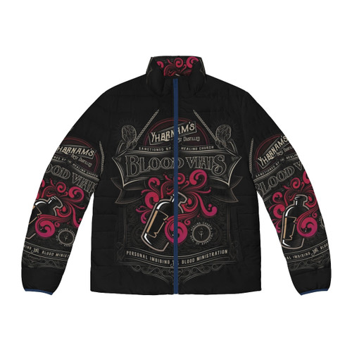 Bloodborne Yharnam's Blood Vials Puffer Jacket featuring gothic and cosmic horror design