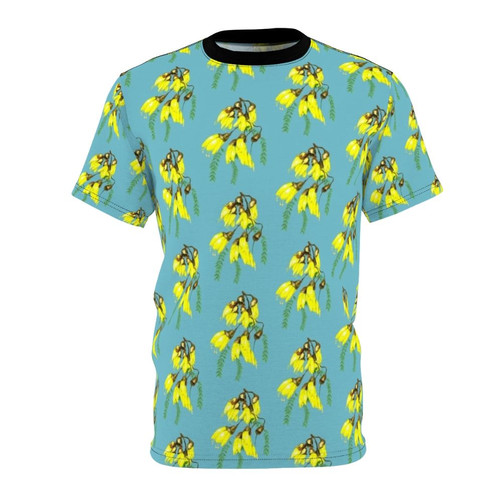 Kowhai gold flower t-shirt featuring a vibrant yellow spring bloom native to New Zealand