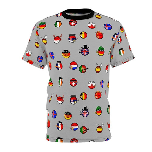 Mockup of a humorous country ball themed t-shirt with a colorful design featuring various national flags and country ball graphics.