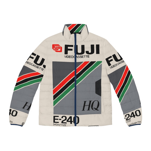 Fuji puffer jacket with vintage video cassette tape design
