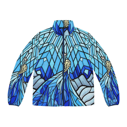 Frozen-inspired puffer jacket with stained glass window and fractal pattern