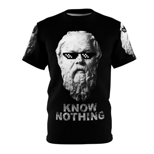 Model wearing a t-shirt with the text "Know Nothing"