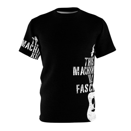 Artistic interpretation of Woody Guthrie's "This Machine Kills Fascists" message on an all-over print t-shirt