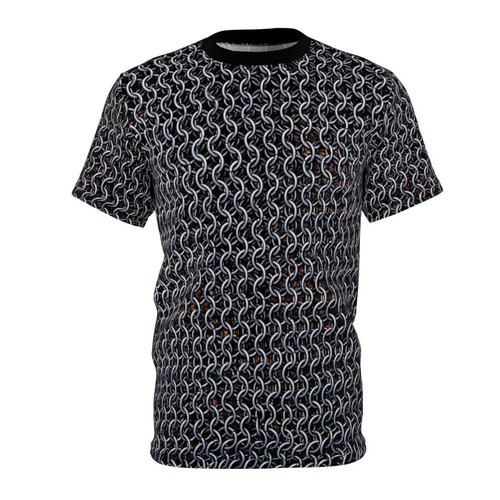 Detailed chain mail armor design on a high-quality t-shirt for fantasy and gaming enthusiasts