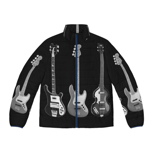 Puffer jacket featuring Rickenbacker, Fender, and Hofner basses