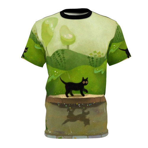 A cute black cat walking in the rain, wearing a whimsical kitty on a rainy day design.