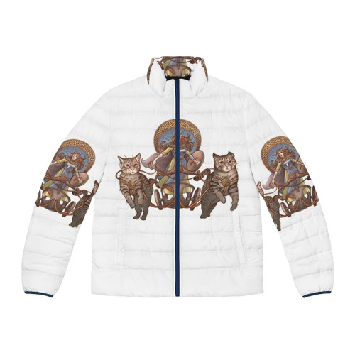 Colorful puffer jacket featuring a portrait of the renowned Mexican artist Frida Kahlo.