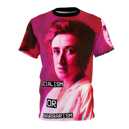 Commemorative T-shirt featuring the image of Rosa Luxemburg, a prominent figure in the Spanish Civil War and anti-fascist movement.