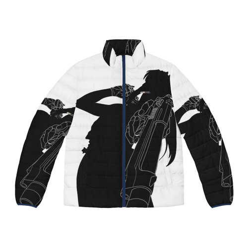 Revy Black Lagoon inspired anime puffer jacket with gun silhouette design