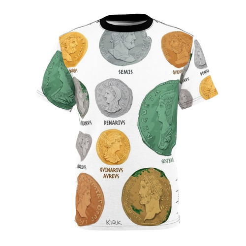 Detailed chart of ancient Roman coins printed on a high-quality t-shirt