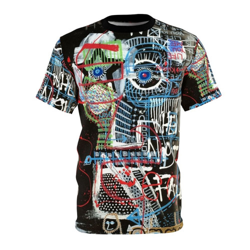 Contemplative abstract art t-shirt featuring a neo-expressionist style face illustration with text and word art.