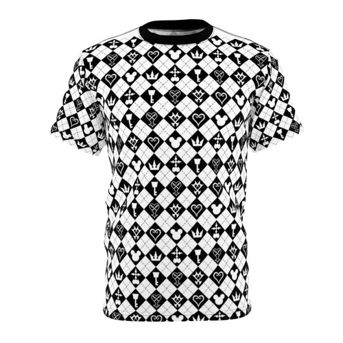 Model wearing a kingdom hearts inspired graphic t-shirt with artwork of Sora's keyblade