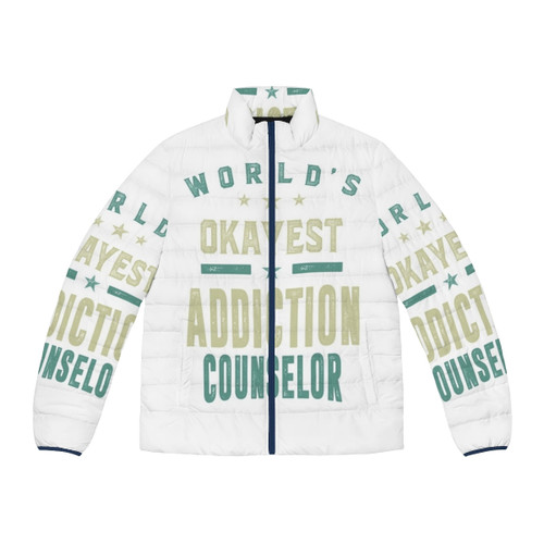 World's Okayest Addiction Counselor wearing a stylish puffer jacket