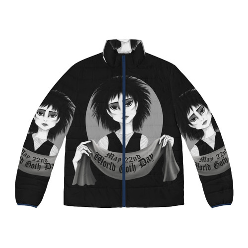Model wearing a black puffer jacket with Siouxsie and the Banshees-inspired gothic design