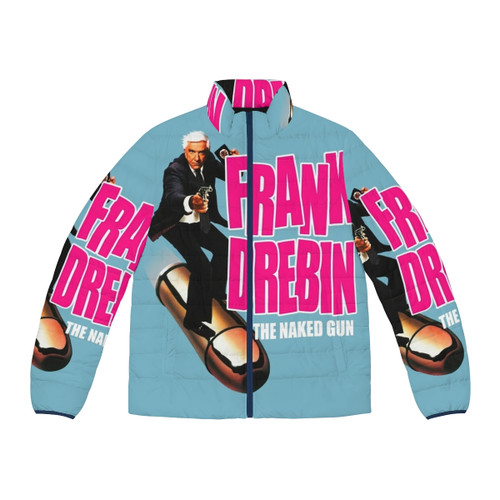 Frank Drebin wearing a puffer jacket from the cult classic comedy The Naked Gun