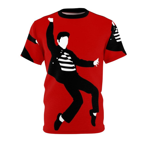 Minimalist rock and roll design featuring Elvis Presley in his iconic jailhouse look