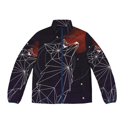 Cosmic fox puffer jacket with geometric triangles and stars design