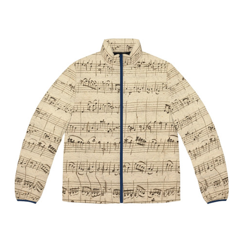 Wolfgang Mozart classical music puffer jacket featuring sheet music and orchestra